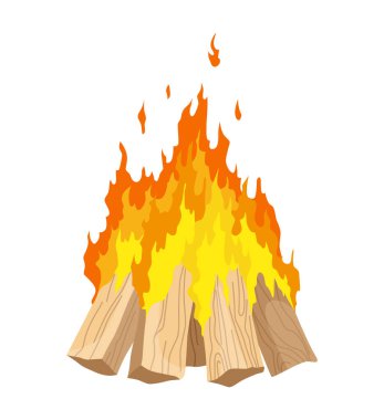 Fireplace campfire type. Burning wood, travel and adventure symbol. Vector bonfire or woodfire in cartoon flat style. Tourist bonfires in stack.