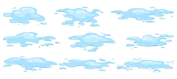 Water Spill Puddles Set Blue Liquid Various Shape Flat Cartoon — Archivo Imágenes Vectoriales