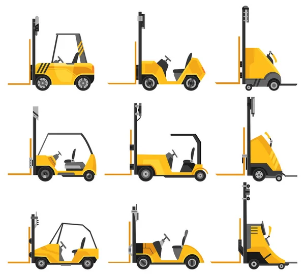 Forklift Warehouse Storage Equipments Collection Yellow Machine Driver Isolated White — Image vectorielle