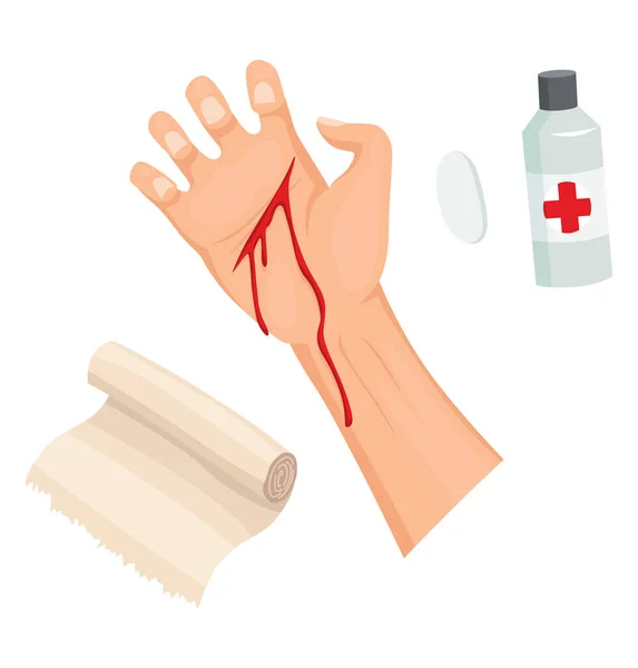 Hands Injured Skin Procedures Bandaging First Aid Wound Medicine Cure — Vetor de Stock