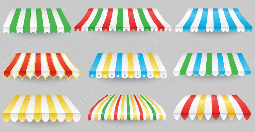Awning element set. Sunshade prevent sunlight and rain. Shops decorating. Outdoor canopys with various edges. Marketplace tents roof, template for design.