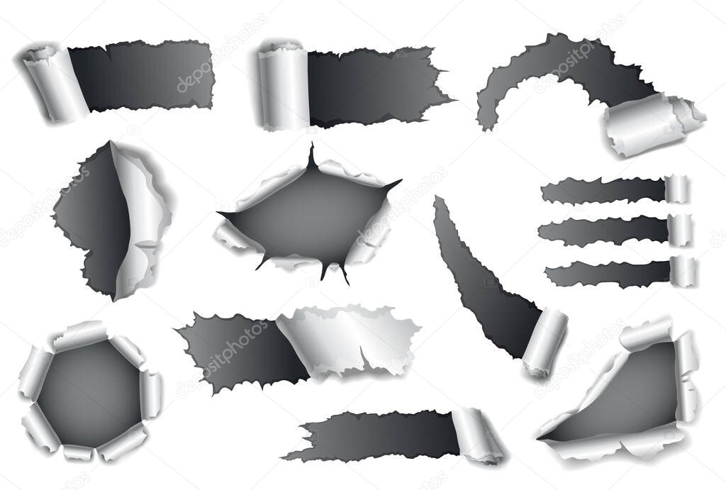 Paper hole collection of gray torn paper. Torn sides over dark paper background with space for text. Realistic torn paper template.