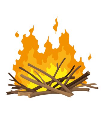Şömine yakan tiplerden. Yanan odun, seyahat ve macera sembolü. Vektör şenlik ateşi ya da çizgi film tarzı tahta ateşi. Turist şenlik ateşi yığıldı..