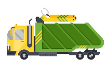 Otomatik yükleyicili çöp kamyonu. Sağlam ev ve ticari atıkların toplanması ve taşınması. Çöp temizleme, kentsel hijyenik araç. Çöp Ekolojisi ve Geri Dönüşüm Konsepti.