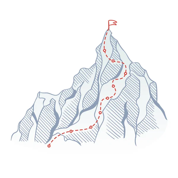 Rota Escalada Montanha Para Topo Rocha Com Bandeira Vermelha Pico —  Vetores de Stock
