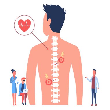 Osteopathy spine pain treatment. Patient male standing back, doctors looking at her spine flat vector illustration. Disease diagnosis. Bone health.