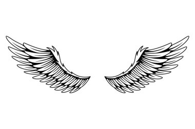 Klasik kraliyet kanatları skeci. Tek renkli, stilize kuş kanatları. Elle çizilmiş stiker kanadı açık pozisyonda. Renk biçiminde tasarım ögeleri.