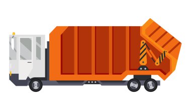 Otomatik yükleyicili çöp kamyonu. Sağlam ev ve ticari atıkların toplanması ve taşınması. Çöp temizleme, kentsel hijyenik araç. Çöp Ekolojisi ve Geri Dönüşüm Konsepti.