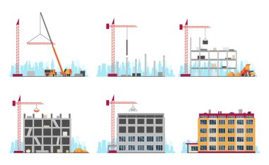 Construction site stages. Multi story house construction. Building process. Build techniques and machines. Housing development.