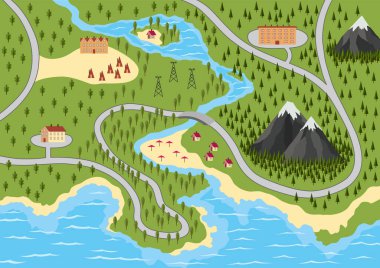 Suburban map with houses, trees, road, river and mountain. Village with water, aerial view. GPS, city navigation with roads and buildings. Vector illustration in flat style.