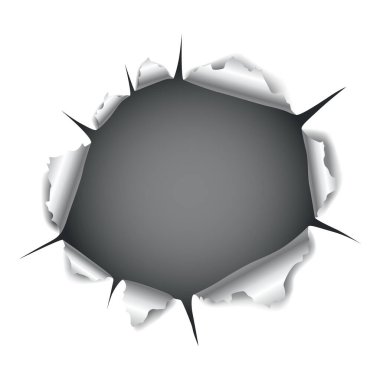 Gri yırtık kağıt deliği. Koyu kâğıt arkaplan üzerinde yırtılmış taraflar ve metin için boşluk. Gerçekçi yırtık kağıt şablonu.