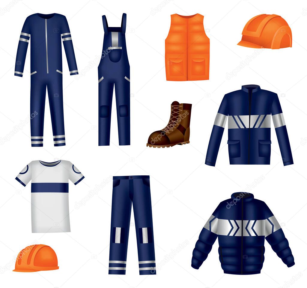 Workwear uniform and worker clothes, safety jackets and overall vests. Work wear clothing suits and outfit garments for construction and builders, hardhat helmet and pants mockups.