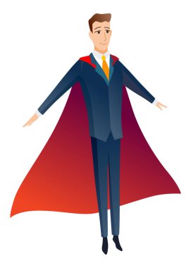 Businessman superhero character. Office worker or manager in costume and red fluttering cloak cape. Cartoon powerful man in spectacular action pose superhero. Vector isolated on white background.