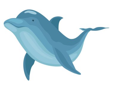 Dolphin cartoon character. Ocean mammal in motion isolated on white. Vector illustration of sea life blue fish or wild nature animal.