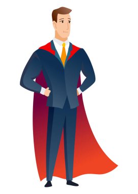 Businessman superhero character. Office worker or manager in costume and red fluttering cloak cape. Cartoon powerful man in spectacular action pose superhero. Vector isolated on white background.