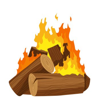 Fireplace campfire type. Burning wood, travel and adventure symbol. Vector bonfire or woodfire in cartoon flat style. Tourist bonfires in stack.