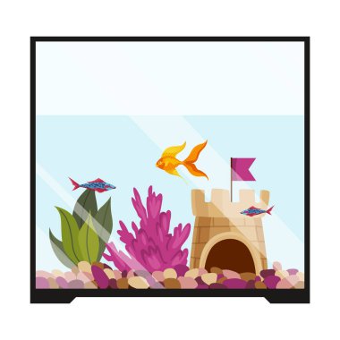 Balık ve yosunlu gerçekçi bir akvaryum. Deniz altı kaleli akvaryum seti, tatlı akvaryum balığı ya da alg. Akvaryum demeti. Akvaryum için suç ortağı.