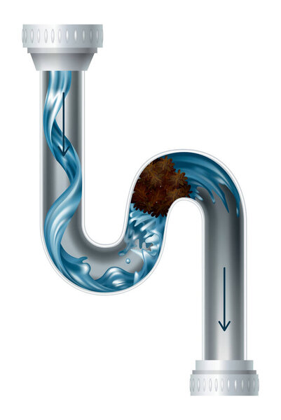 Засоренный слив труб и моющее средство. Канальная трубка с брызгами воды. Ремонт водопроводной трубы. Дренажная труба забита грязью.