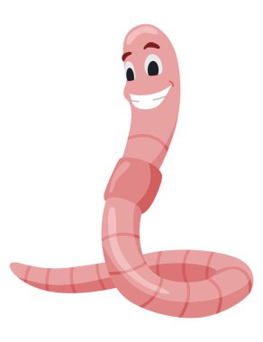 Komik solucan. Pembe mutlu sürüngen sürünür ve gülümser. Toprak solucanı çizgi film karakteri, vahşi yaşam. Çocuklar için illüstrasyon böceği.