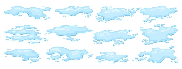Derrame Água Poças Definidas Líquido Azul Várias Formas Estilo Cartoon —  Vetores de Stock