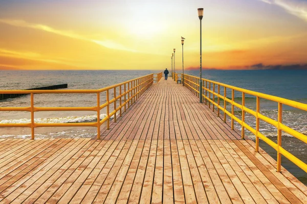 Senior Man Walking Pier Sunset — Stock Photo, Image