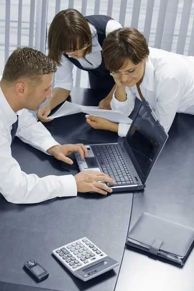 Portrait of young business discussing project in office environment — Stock Photo, Image