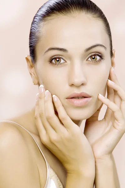 Portrait of nice young gorgeous woman on pink back — Stock Photo, Image