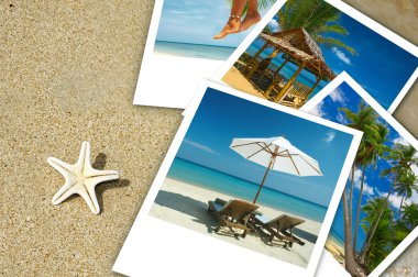 Tropic beach theme collage composed of few photos clipart