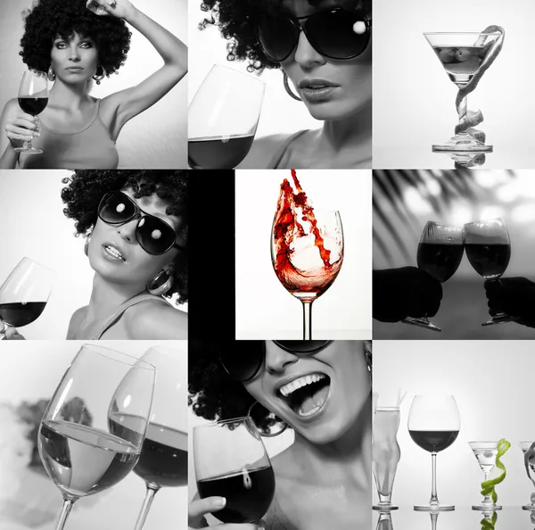 Black and white wine drinking theme photo collage — Stock Photo, Image