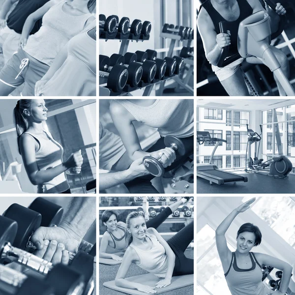 Fitness theme black and white photo collage composed of few images Stock Image