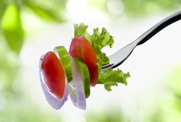 Vue rapprochée des légumes tranchés sur fond vert — Photo