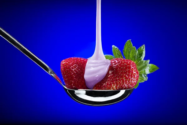 Close up view of nice fresh strawberry on blue back — Stock Photo, Image