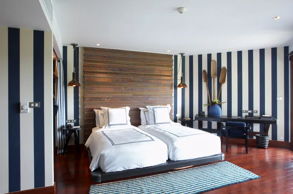 Panoramic view of nice stylish modern bedroom. — Stock Photo, Image