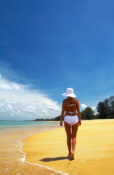 Vista de una bonita mujer en panama blanco y bikini en la playa tropical —  Fotos de Stock