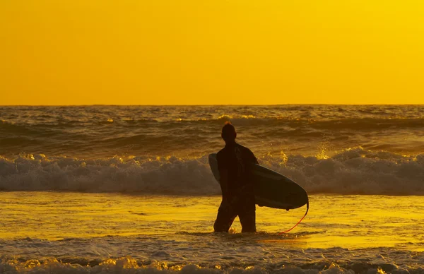 Silueta del surfista durante el colorido atardecer —  Fotos de Stock