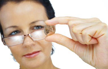 Portrait of woman holding sparkling coin on white back clipart