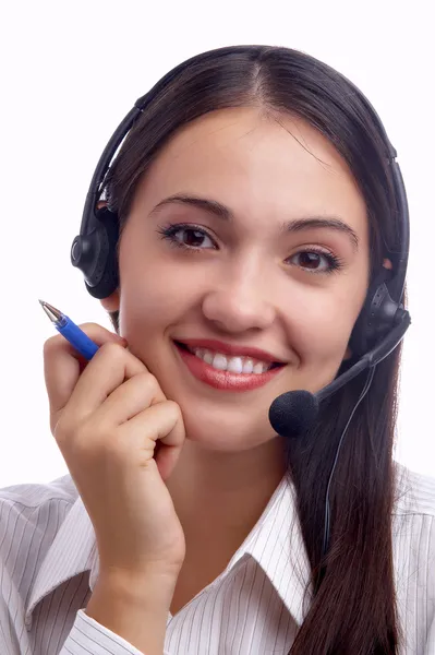 Weergave van mooie jonge vrouw operator op haar werkplek — Stockfoto