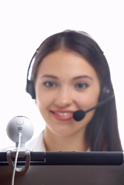 View of nice young woman operator at her working place — Stock Photo, Image