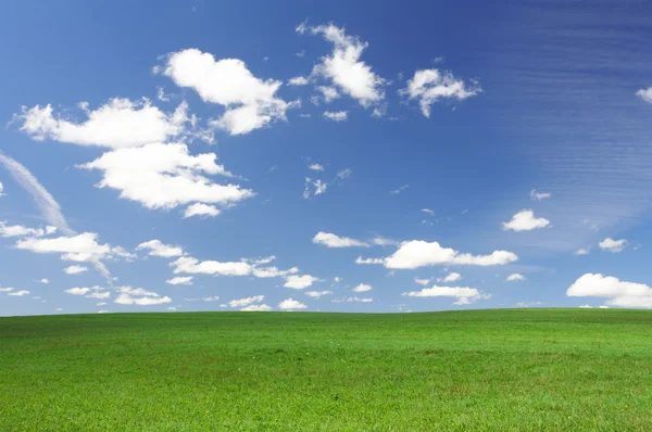 Uitzicht op mooie frisse zomer vallei en blauwe bewolkte hemel — Stockfoto