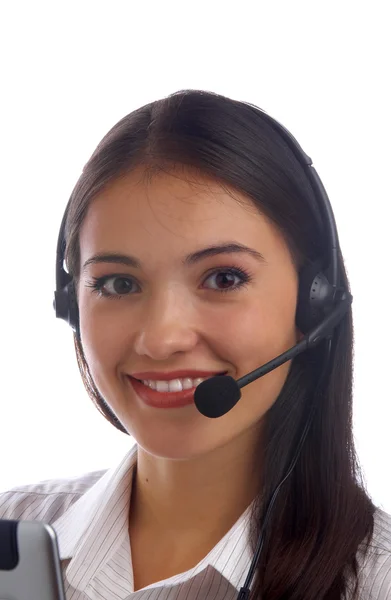 Blick auf die nette Bedienerin an ihrem Arbeitsplatz. Banner, viel Kopierraum — Stockfoto