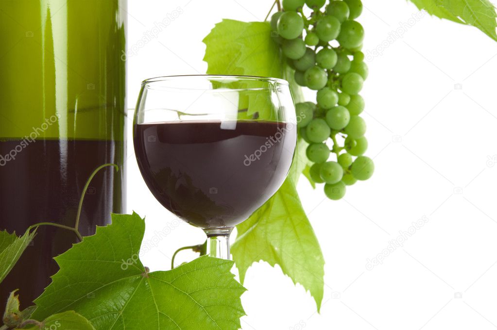 View of wine bottle with vine and full wineglasses on white back