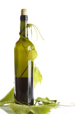 corked şarap şişesi ile çevresindeki asma üzerinde beyaz arka görünüm