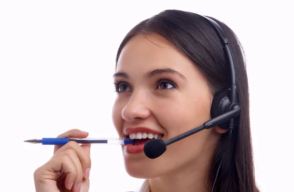 View of nice operator in at her working place. Banner , lots of copy space — Stock Photo, Image