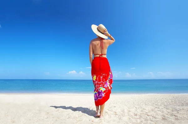 View of female back on a background of the tropical sea — Stock Photo, Image