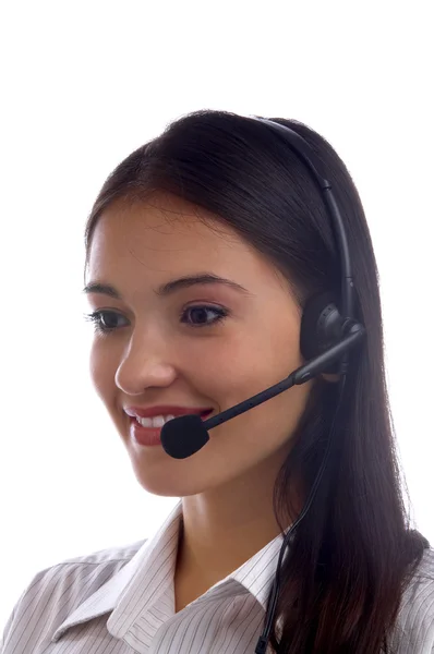 Weergave van leuke operator in op haar werkplek. banner, veel kopie ruimte — Stockfoto