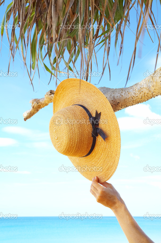 View of nice tropic scene with sailor-hat and hand