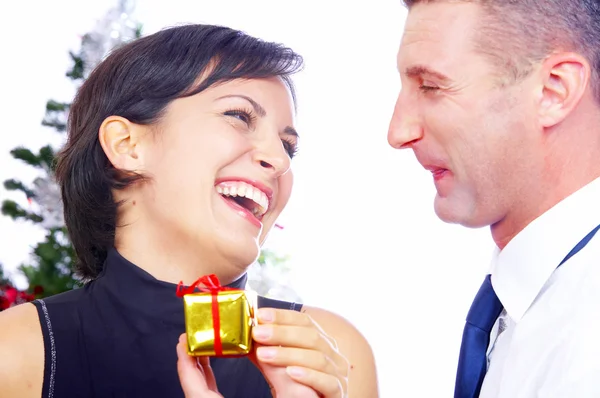 Portrait of young nice couple celebrating some occasion — Stock Photo, Image