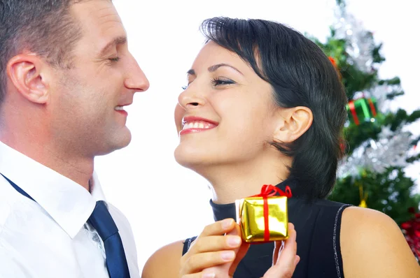 Portrait of young nice couple celebrating some occasion — Stock Photo, Image