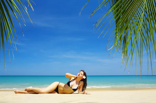 Vista de una agradable joven hembra en ambiente tropical —  Fotos de Stock