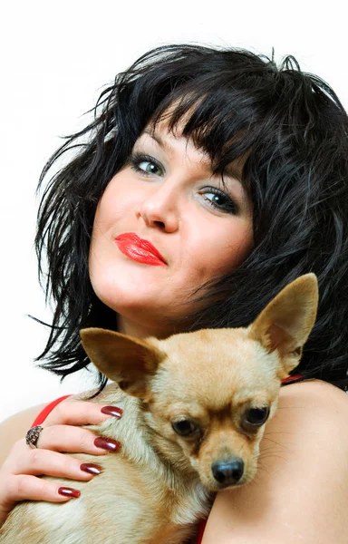 High key portrait of nice young brunette with her dog — Stock Photo, Image